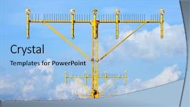  Presentation with landing plane at an airport - Presentation theme featuring airfield lighting - airport approach landing direction light background and a light blue colored foreground