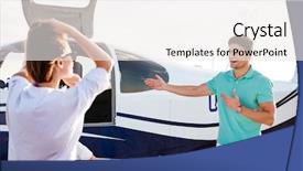  Presentation with passengers - Audience pleasing presentation consisting of airfield lighting - cheerful young pilot inviting passengers backdrop and a white colored foreground