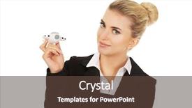  Presentation with airplane - Presentation design featuring airline company - beautiful businesswoman holding airplane miniature background and a  colored foreground