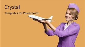  Presentation with airplane - Slide set featuring airline company - cheerful stewardess holding airplane background and a yellow colored foreground