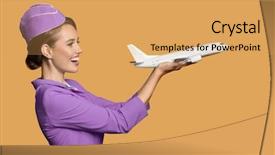  Presentation with trophy award hand holding - Presentation design consisting of airline company - cheerful stewardess holding airplane background and a yellow colored foreground