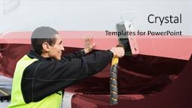  Presentation with airplane - Slide deck enhanced with airline crewmembers - male crew member charging airplane background and a sky blue colored foreground