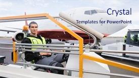  Presentation with luggage - PPT theme featuring airline crewmembers - male worker sitting on luggage background and a sky blue colored foreground