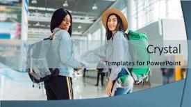  Presentation with airport vehicles - PPT layouts with airline gate - two female tourists with backpacks background and a light blue colored foreground