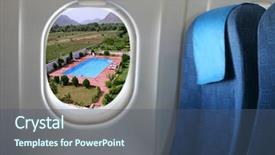 Presentation with airplane wing through airplane window - Amazing PPT theme having airline hotel travel - airplane seat and window inside backdrop and a ocean colored foreground