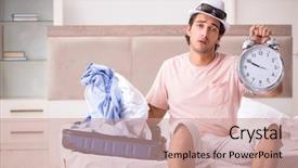  Presentation with airline - Cool new slides with airline hotel travel - man with suitcase in bedroom backdrop and a coral colored foreground