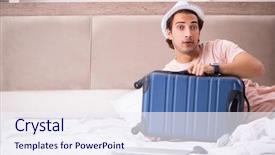  Presentation with airline - Beautiful slides featuring airline hotel travel - man with suitcase in bedroom backdrop and a sky blue colored foreground