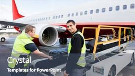  Presentation with luggage - Theme featuring airline industry - worker smiling while colleague unloading background and a ocean colored foreground