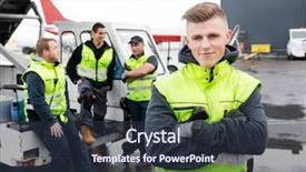  Presentation with worker - Colorful presentation enhanced with airline industry - worker with arms crossed standing backdrop and a tawny brown colored foreground