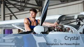  Presentation with repair audio technic - PPT theme with airline maintenance - handsome young repair man fixing background and a light blue colored foreground