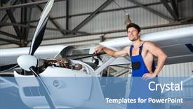  Presentation with mechanic - PPT theme featuring airline maintenance - happy handsome mechanic in overall background and a teal colored foreground