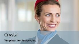  Presentation with flight attendant - Beautiful theme featuring airline staff - cheerful flight attendant looking away backdrop and a light blue colored foreground