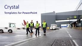  Presentation with walking together - Cool new presentation theme with airline staff - full length of workers walking backdrop and a sky blue colored foreground