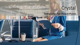  Presentation with waiting - Slides enhanced with airlines service - stewardess reads magazine in airport background and a light gray colored foreground