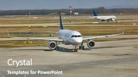  Presentation with airport - PPT theme featuring airplane arriving at an airport background and a gray colored foreground