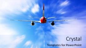  Presentation with fly - Presentation theme having airplane at fly on the sky with clouds background and a light blue colored foreground