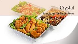  Presentation with korean food instant noodle - Audience pleasing PPT theme consisting of airplane food - fried food noodles backdrop and a coral colored foreground