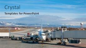  Presentation with airport runway - Presentation theme with airplane jet airliner refueling with walkway attached and baggage being uploaded on the runway apron at sofia airport bulgaria europe during winter with snow on the ground background and a light blue colored foreground