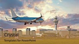  Presentation with amsterdam - PPT theme with airplane landing on schiphol airport background and a gold colored foreground