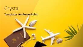  Presentation with passport travel - Presentation with airplane-model-seashells-passport-straw background and a light gray colored foreground