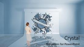  Presentation with thinking - Slide deck having airplane paint - thinking businesswoman against large white background and a light blue colored foreground