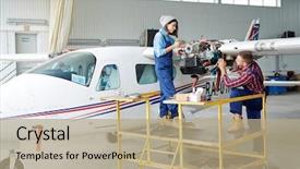  Presentation with jet airplane - Slide deck enhanced with airplane service staff repairing parts background and a coral colored foreground