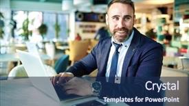  Presentation with airport lounge - PPT theme with airport cafe - portrait of successful mature businessman background and a navy blue colored foreground