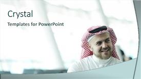  Presentation with middle east - Cool new PPT theme with airport express - arabic businessman in the middle backdrop and a sky blue colored foreground