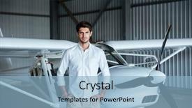  Presentation with aircraft maintenance cockpit - Presentation theme featuring airport express - confident attractive young man standing background and a  colored foreground