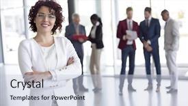  Presentation with work the word in your life - PPT theme consisting of airport hotel - portrait of cheerful businesswoman background and a lemonade colored foreground