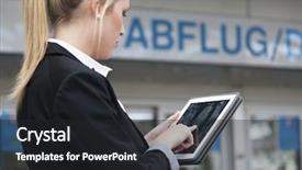  Presentation with infrastructure computer - PPT layouts enhanced with airport infrastructure - woman with tablet computer background and a  colored foreground