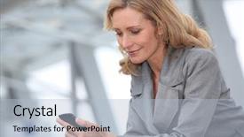  Presentation with phone - Audience pleasing PPT theme consisting of airport landscape - businesswoman with mobile phone backdrop and a light blue colored foreground