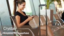  Presentation with retail smart phone - Theme with airport passenger - cheerful businesswoman texting on smart background and a tawny brown colored foreground