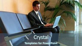  Presentation with young man holdng laptop on lap money - Presentation design with airport seats - handsome man working background and a ocean colored foreground