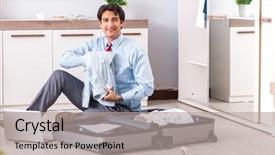  Presentation with golf trip - Cool new slide set with airport stuff - young handsome businessman preparing backdrop and a light gray colored foreground