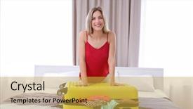  Presentation with luggage - Presentation design featuring airport stuff - young woman trying to pack background and a yellow colored foreground