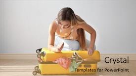  Presentation with luggage - Beautiful presentation design featuring airport stuff - young woman trying to pack backdrop and a yellow colored foreground