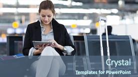  Presentation with airport terminal - Colorful PPT theme enhanced with airport using her tablet computer backdrop and a ocean colored foreground