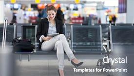  Presentation with airport terminal - Cool new PPT layouts with airport using her tablet computer backdrop and a gray colored foreground