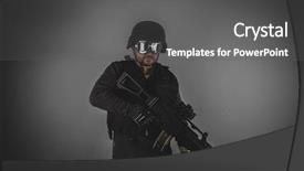  Presentation with gun - Beautiful presentation theme featuring airsoft player with gun helmet backdrop and a  colored foreground