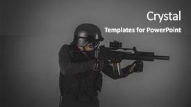  Presentation with gun - Beautiful presentation theme featuring airsoft player with gun helmet backdrop and a dark gray colored foreground