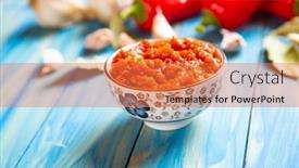  Presentation with olive oil - Theme having ajvar-balkan-food-consisted background and a coral colored foreground