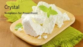  Presentation with cutting board - Colorful theme enhanced with al fresco - slices of fresh cheese backdrop and a yellow colored foreground