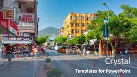  Presentation with holiday destination - Audience pleasing slide set consisting of alanya-turkey-july-21-2021 backdrop and a ocean colored foreground