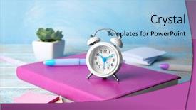  Presentation with countdown time bomb alarm - Beautiful slide deck featuring alarm clock on wooden table backdrop and a light blue colored foreground