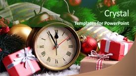  Presentation with alarm - Colorful slides enhanced with alarm clock with christmas decorations on color wooden background backdrop and a forest green colored foreground