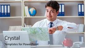  Presentation with agent of change - Slide deck featuring alarm globe - businessman traveling agent working background and a light blue colored foreground