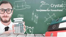  Presentation with strategic management needle pointing - Presentation consisting of alarm globe - geeky businessman pointing to calculator background and a gray colored foreground