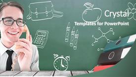  Presentation with talking on phone - Slide set with alarm globe - geeky businessman talking on retro background and a gray colored foreground