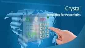  Presentation with hand touching finger digital - Slide deck featuring alarm globe - hand touching button background and a ocean colored foreground